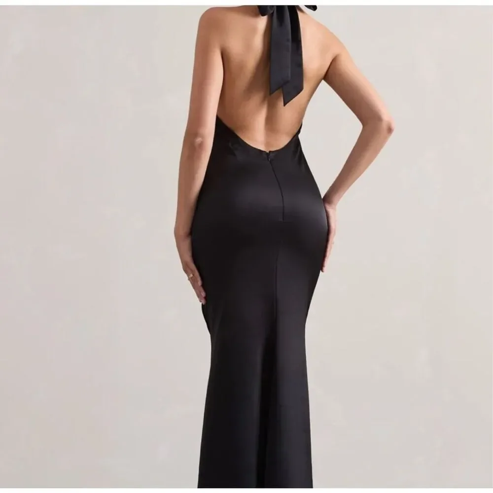 Club L London Unbeatable Satin Cross Over Halter-Neck Maxi Dress in Black - Picture 2 of 7